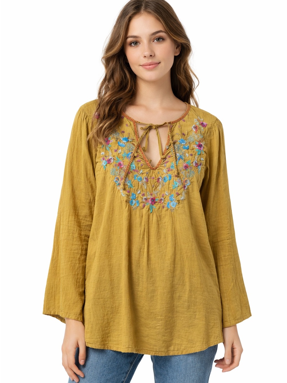 Johnny Was Embroidered Mustard Yellow Peasant Long Sleeve Tunic Blouse